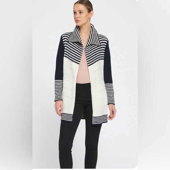 Talbots Wool Blend Womens Cardigan M Blue Ivory Striped Open Front Sweater - Picture 1 of 10